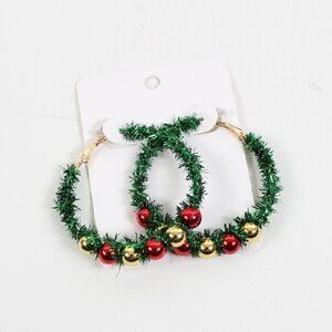 Christmas Hoop Earrings, Glitter Red And Green Tinsel, Brand New
